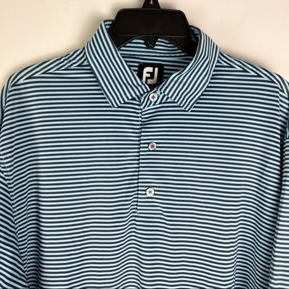 FootJoy Mens Golf Polo Shirt Blue Striped Stretch Button Short Sleeve Collared L - Picture 2 of 9